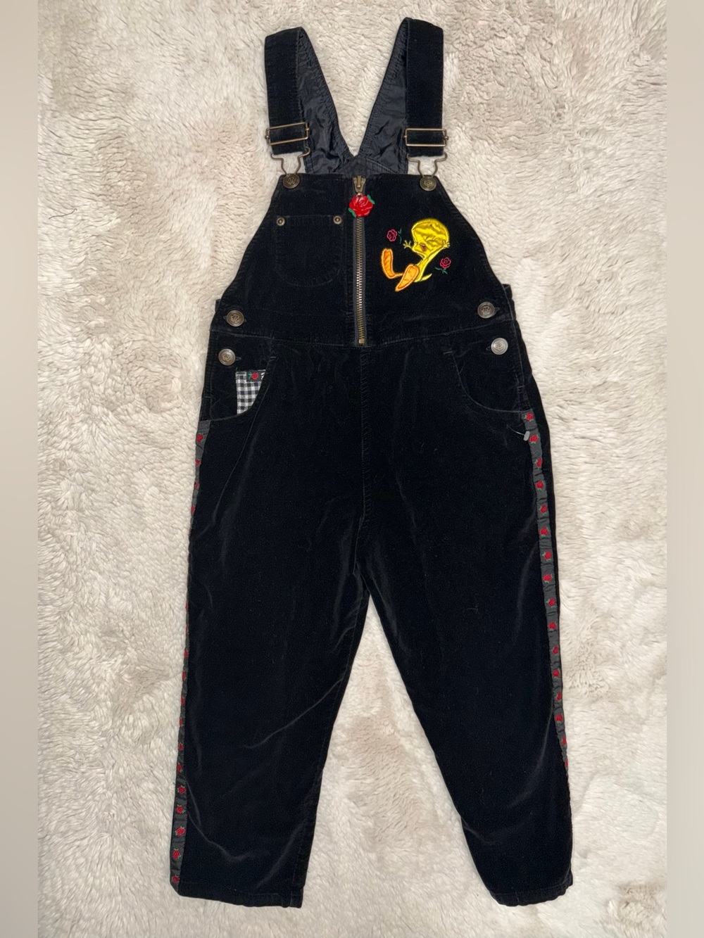 90s velour looney toons tweety bird overalls